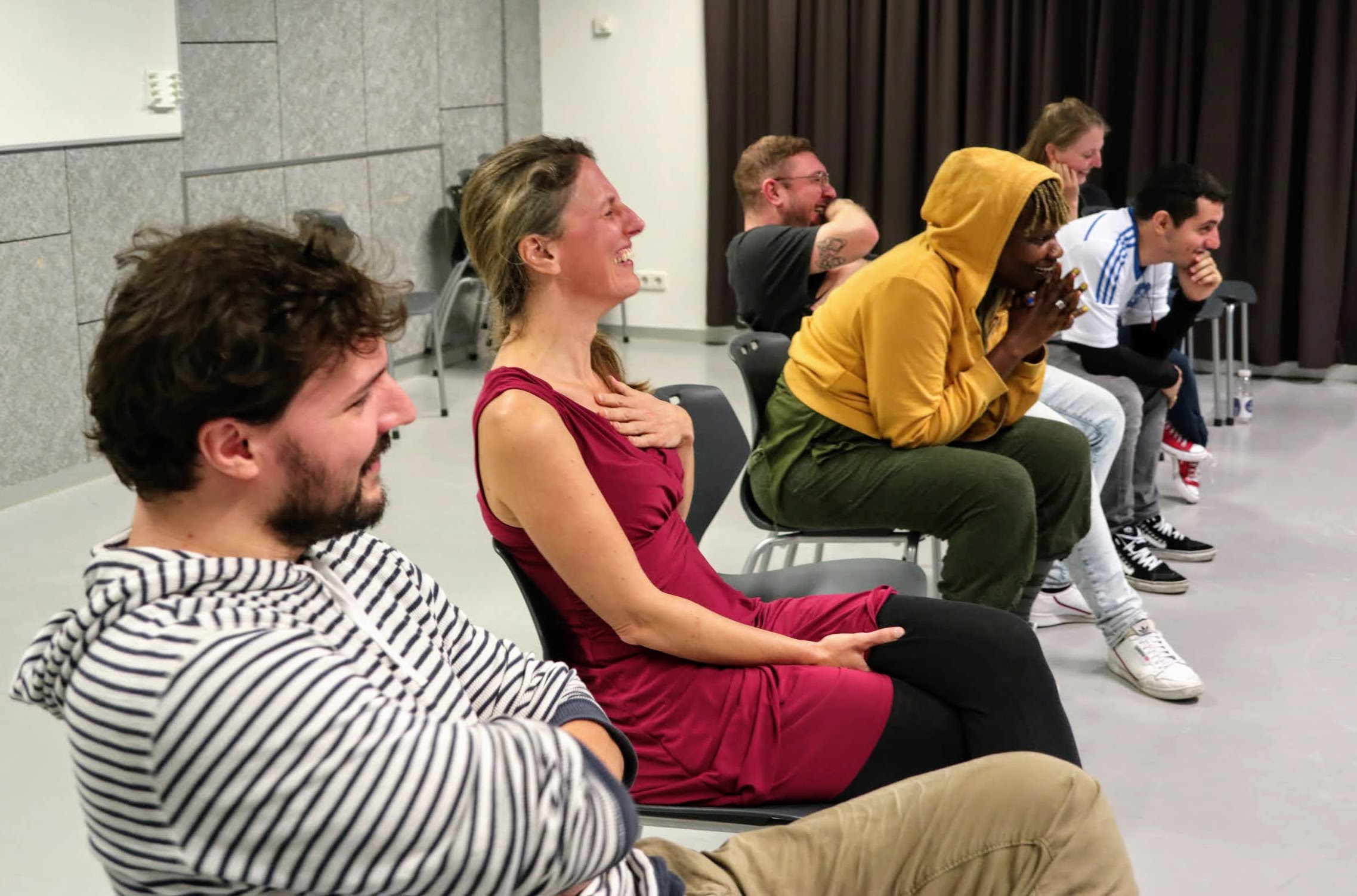 Laughing in a workshop